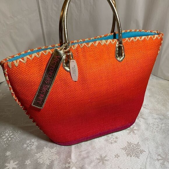 NWT Large Victorias Secret Straw Tote Shopper Orange w/ Gold Tone Handle Gorgeou - Picture 2 of 7